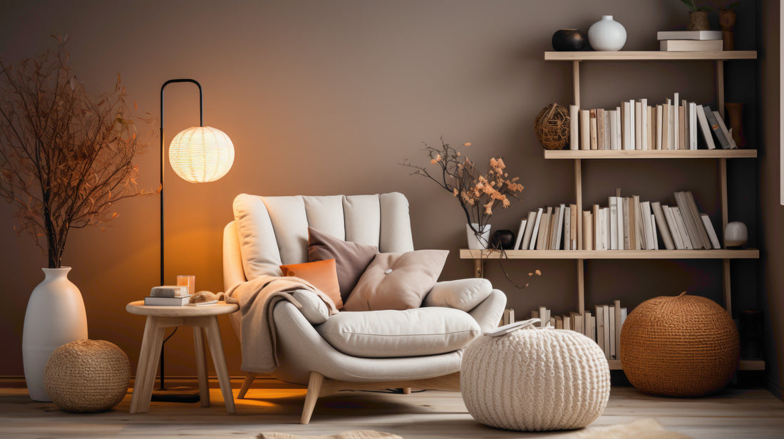 Japandi armchair and bookcase with neutral colors and serene athmosphere