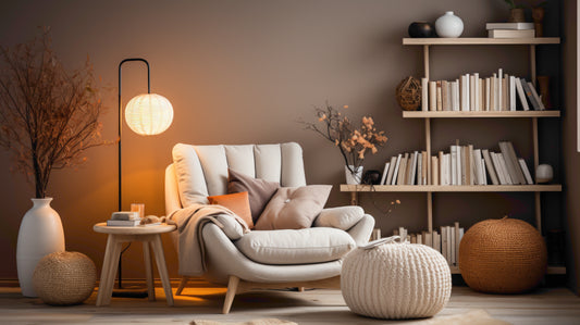 Japandi armchair and bookcase with neutral colors and serene athmosphere