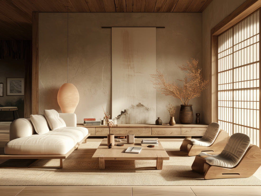 Japandi living room with neutral colors, wooden organic furniture and naturtal light
