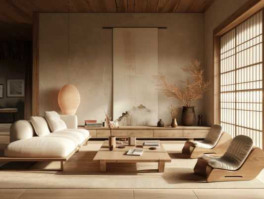Japandi living room with neutral colors, wooden organic furniture and naturtal light