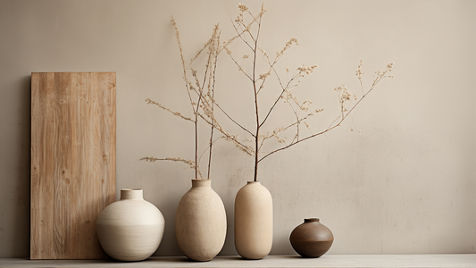 Three japandi ceramic vases with elegant branch and neutral colors