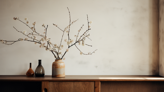 Three ceramic vases on wooden cabinet, with elegant branch and neutral color wall