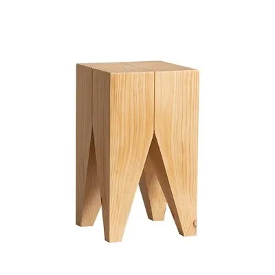 Handcrafted, square wooden side table with four tapered legs in natural finish on white background