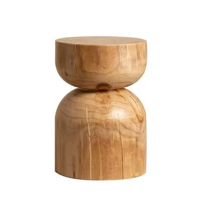 Handcrafted, wooden side table with cilindrical seat shape in natural finish on white background