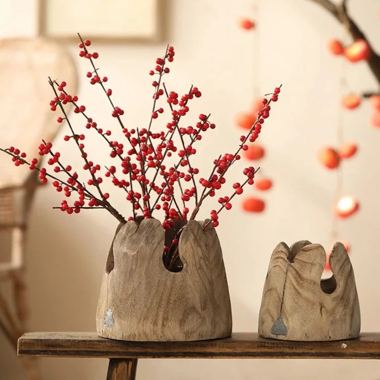 Set of two handcrafted japandi wooden vases with fortune fruit branch