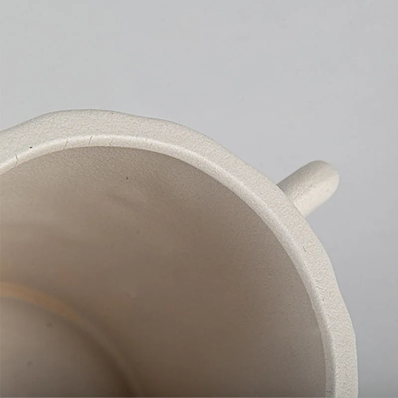 Close up of top opening of white textured ceramic planter on white background