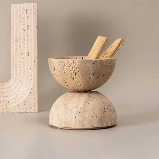 Spheric travertine stone incense burner, showing two hemispheres containing wood  sticks