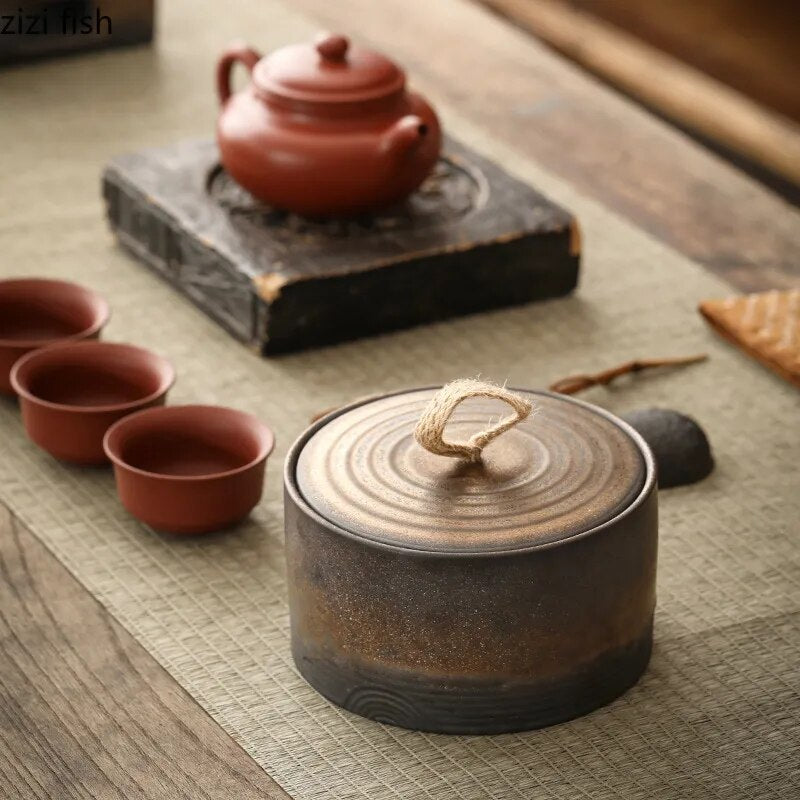 Ceramic lidded storage container on japanese tea table