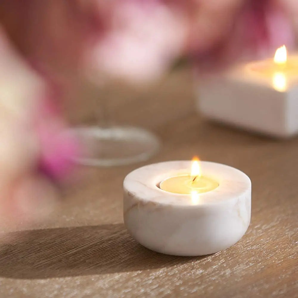 White round marble tealight on table