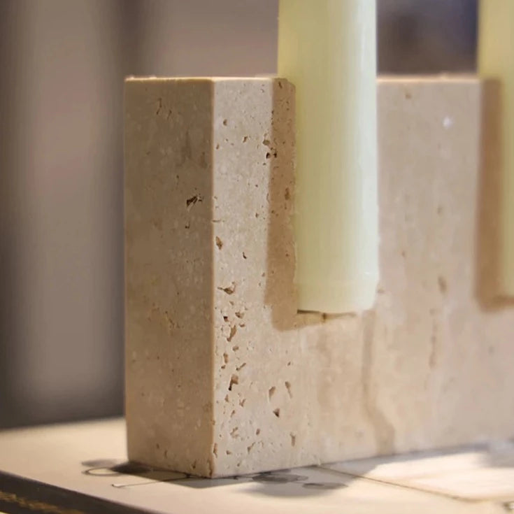 Detail of rectangular travertine candlestick holder 