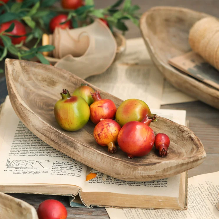 Japandi wooden trays with book and colored fruit