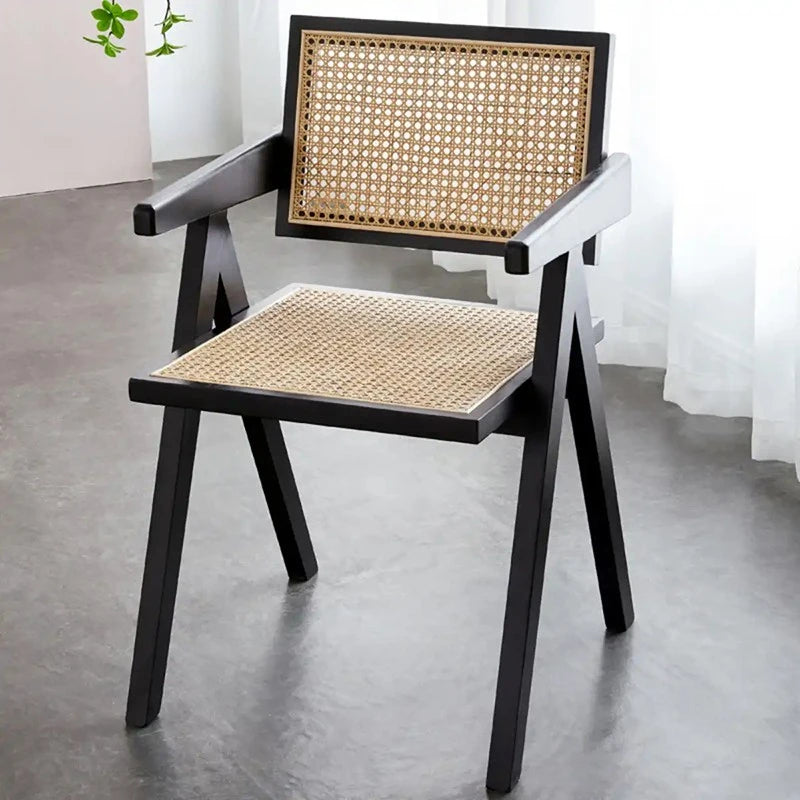 Japandi wood chair with rattan seat and black frame