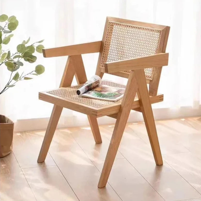 Japandi wood chair with rattan seat in bright room