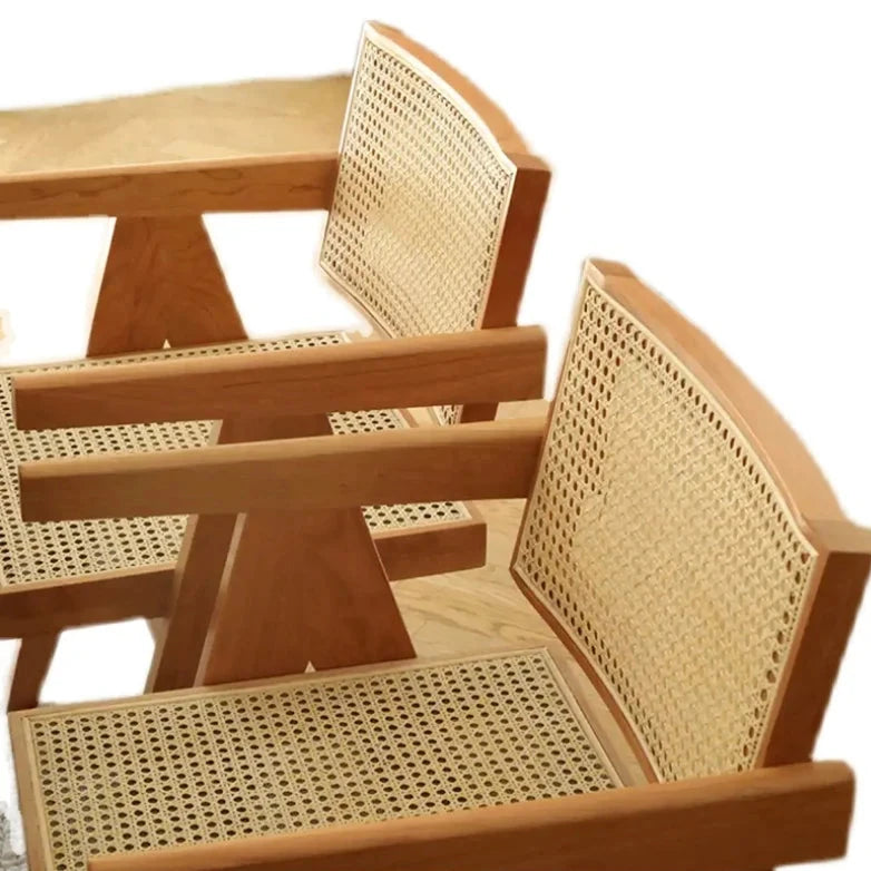 Set of two Japandi wood chair with rattan seat on white background