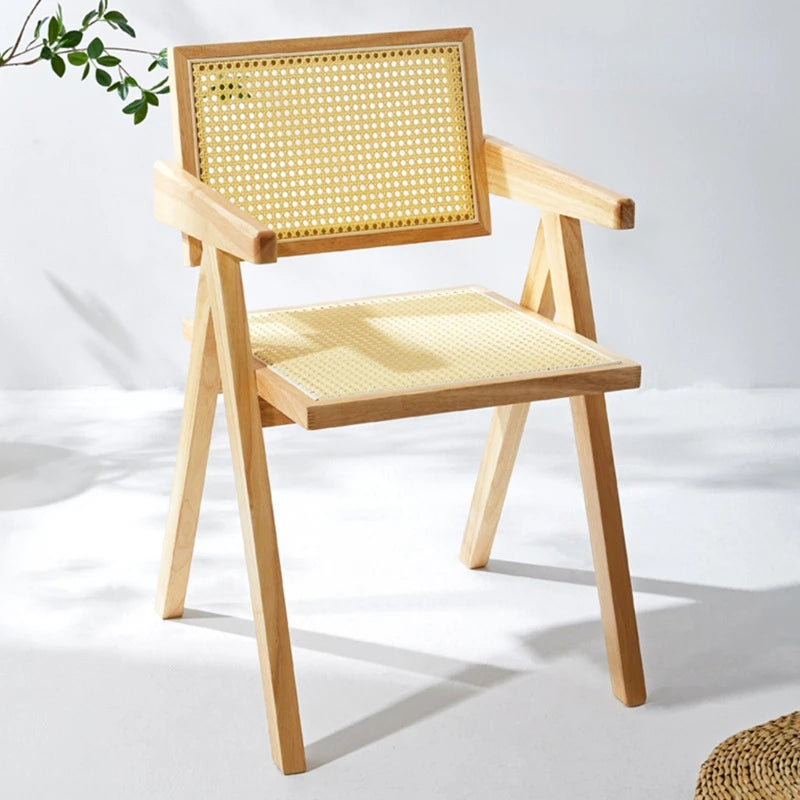 Japandi wood chair with rattan seat in bright room