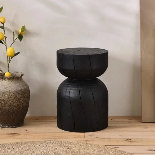 Handcrafted, wooden side table with cilindrical seat shape in black finish