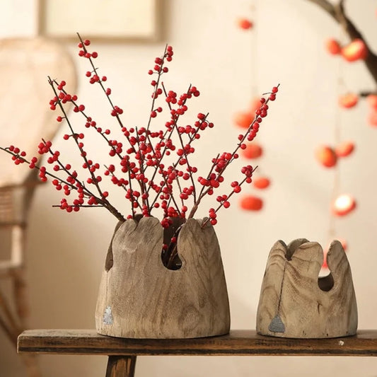 Set of two handcrafted japandi wooden vases with fortune fruit branch
