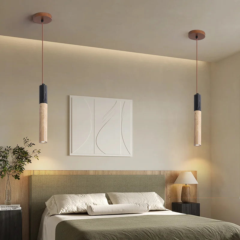 Two travertine japandi pendant lights in elegant japandi bedroom