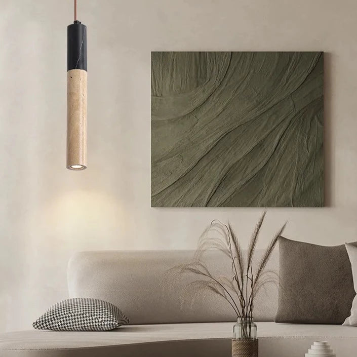 Travertine japandi pendant light hanging over couch, in neutral color living room