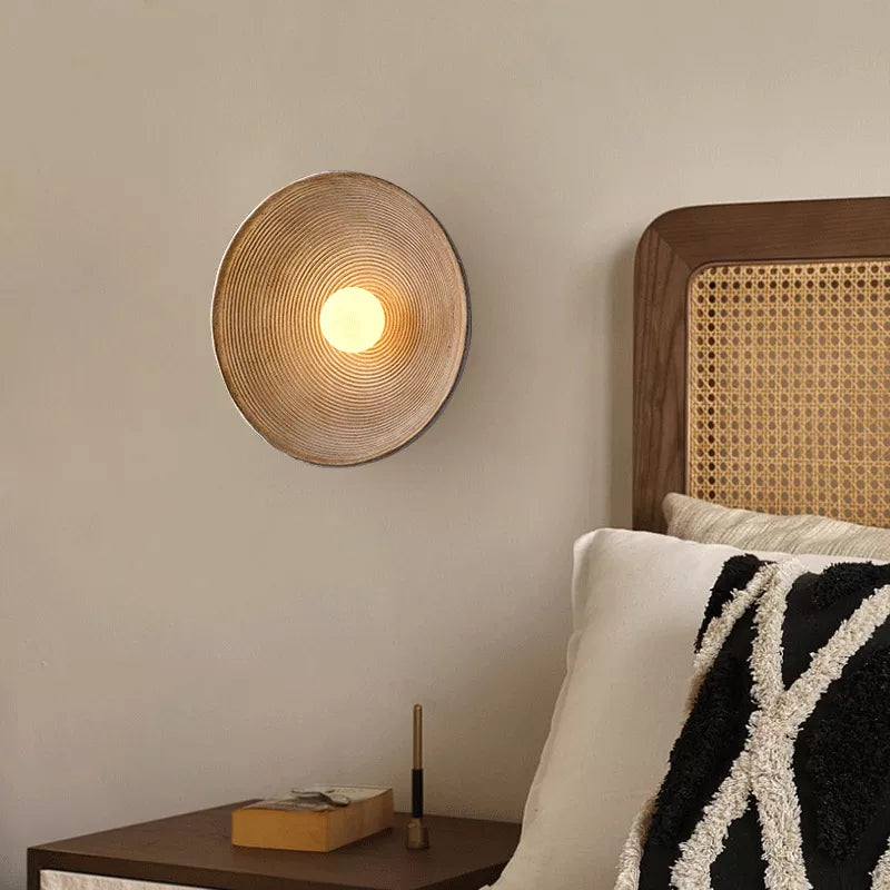 Round Japandi wall lamp in neutral colors Japandi bedroom