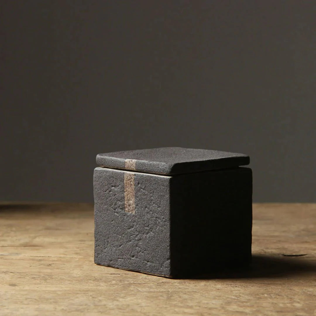 Dark grey textured square ceramic jar with decorative accent on dark neutral background