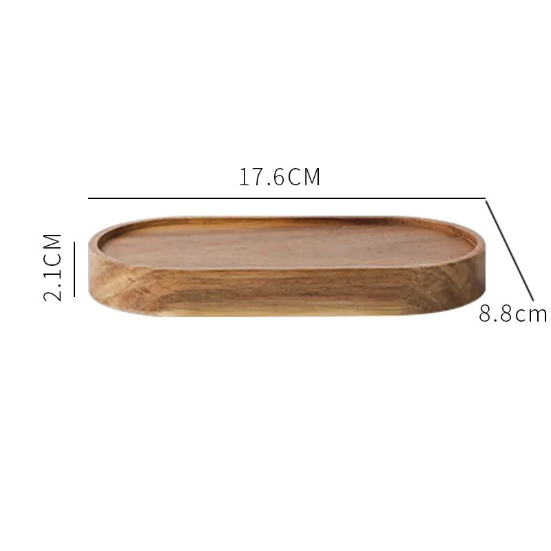 Dimensions of wooden oval tray on white background