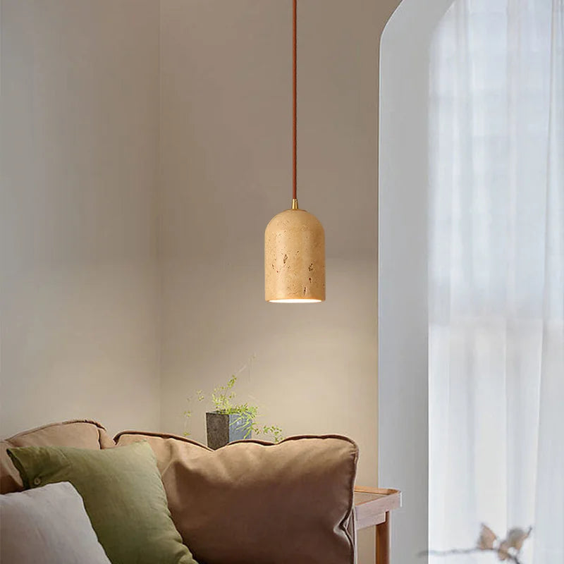 Travertine japandi pendant light in elegant japandi living room