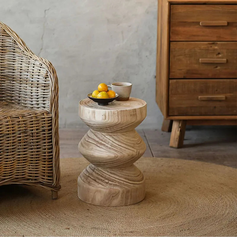 Handcrafted wooden side table with zigzag design in japandi living room