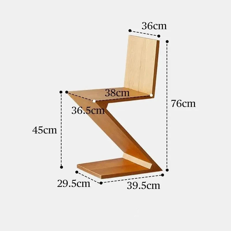 Dimensions of brown zeta shaped wooden chair 